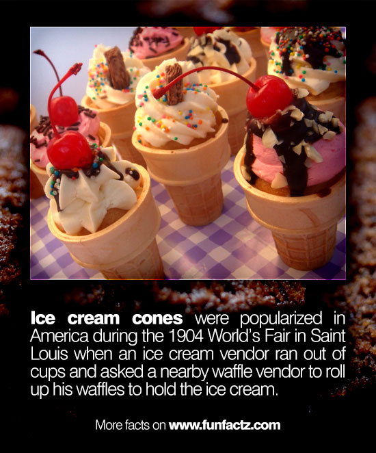 Ice cream cones were popularized in America during the 1904 World’s