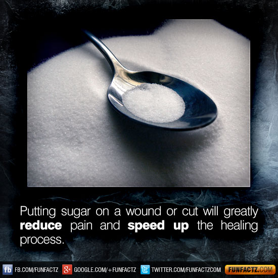 Putting sugar on a wound or cut will greatly reduce pain and speed up the healing process.