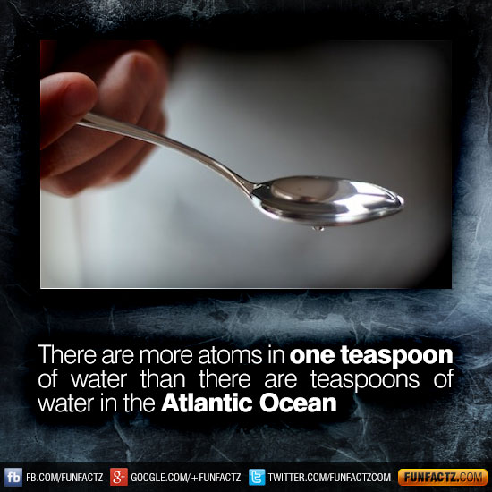 There are more atoms in one teaspoon of water than there are teaspoons of water in the Atlantic